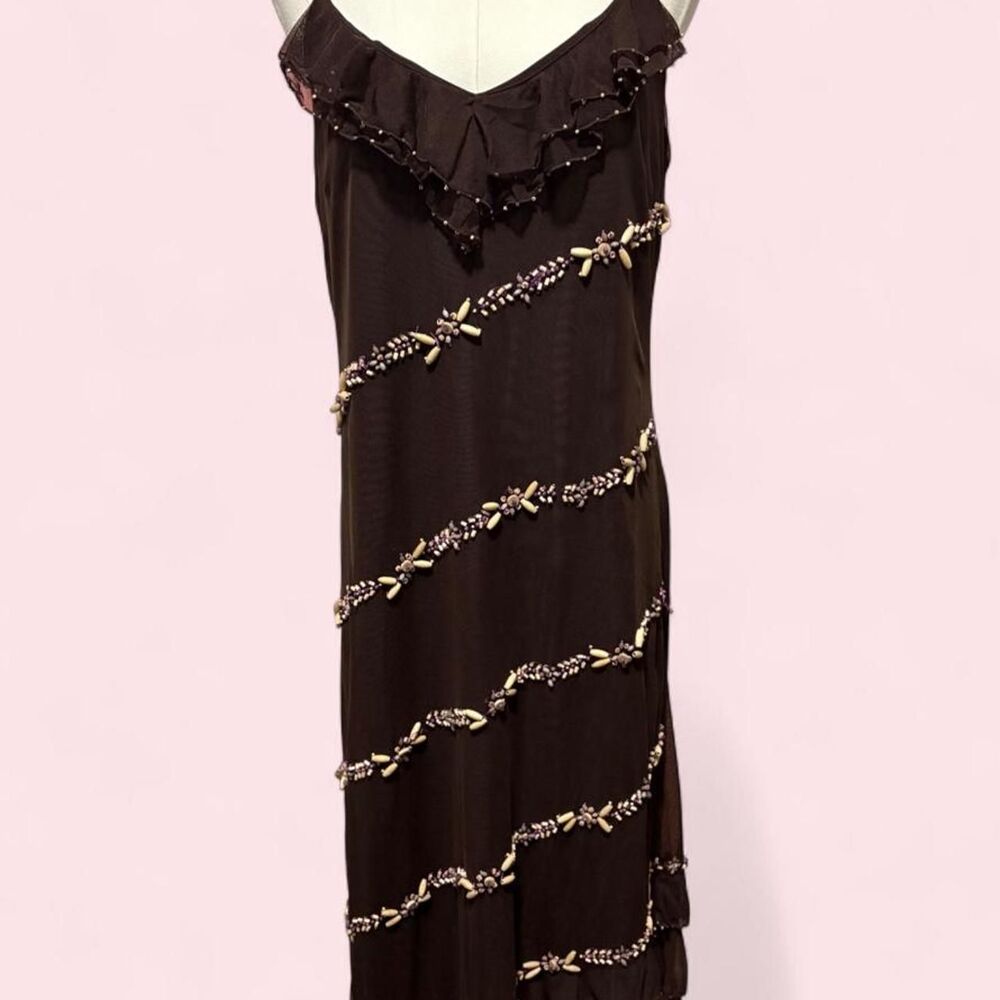 Vintage Y2K ICE Brown Beaded Ruffle Maxi Dress